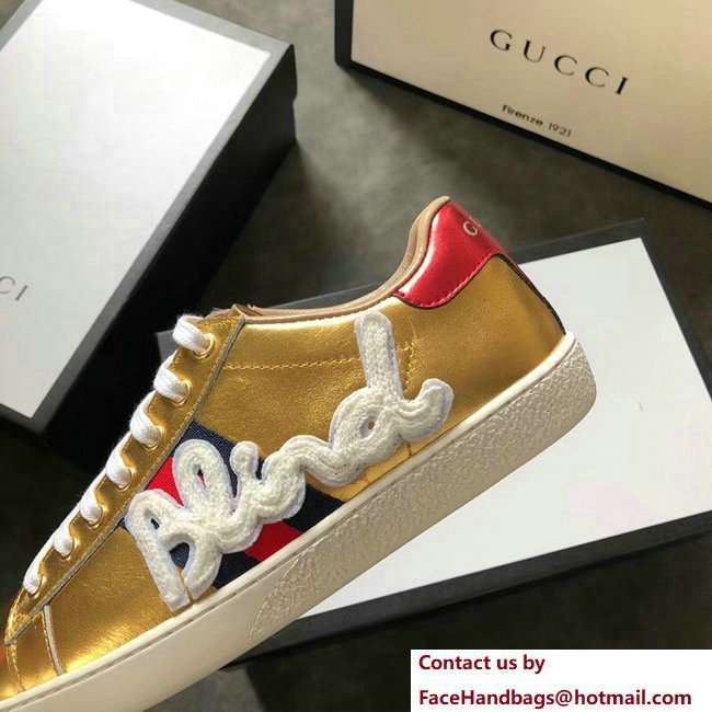 Gucci Ace Leather Low-Top Lovers Sneakers Web Embroidered Blind For Love Gold 2018