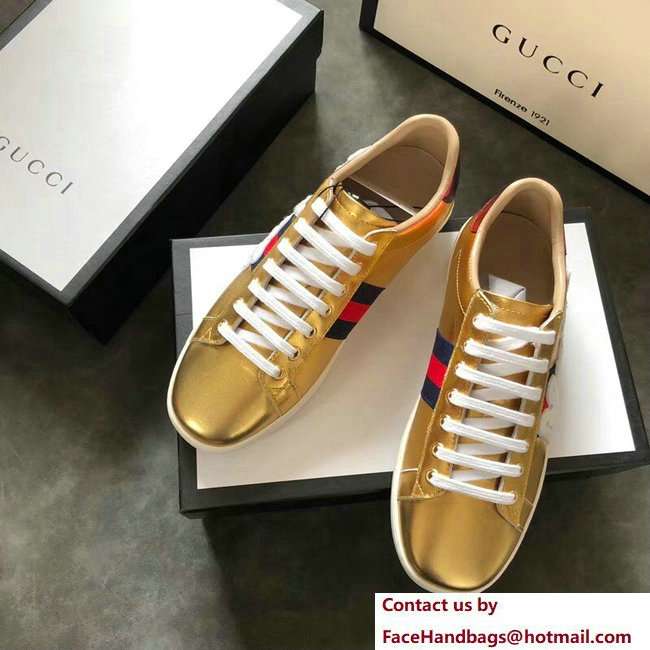 Gucci Ace Leather Low-Top Lovers Sneakers Web Embroidered Blind For Love Gold 2018 - Click Image to Close