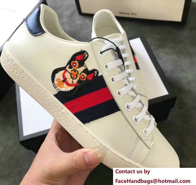 Gucci Ace Leather Low-Top Lovers Sneakers Web Embroidered Boston Terrier Bosco Creamy 2018 - Click Image to Close