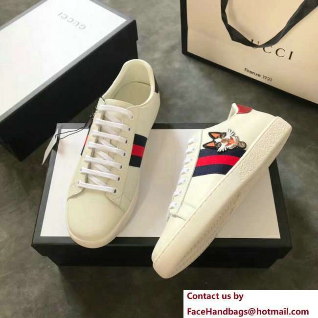 Gucci Ace Leather Low-Top Lovers Sneakers Web Embroidered Boston Terrier Bosco Creamy 2018
