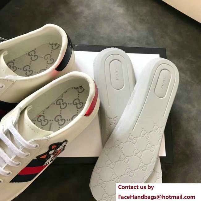 Gucci Ace Leather Low-Top Lovers Sneakers Web Embroidered Boston Terrier Bosco Creamy 2018 - Click Image to Close