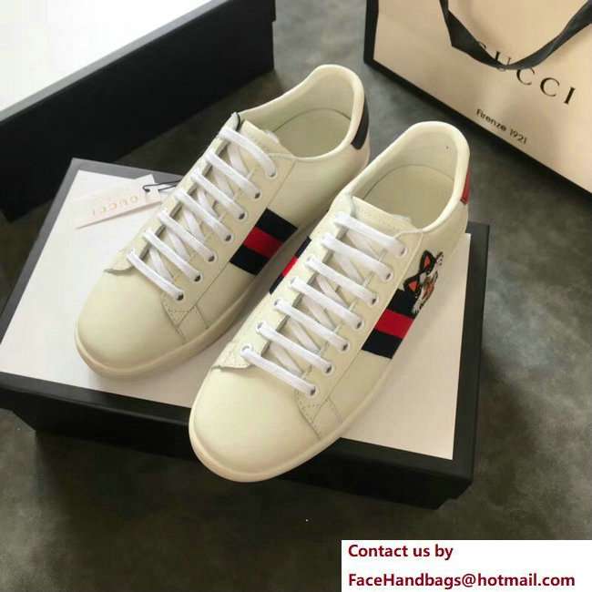 Gucci Ace Leather Low-Top Lovers Sneakers Web Embroidered Boston Terrier Bosco Creamy 2018