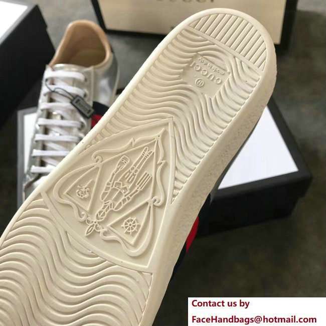 Gucci Ace Leather Low-Top Lovers Sneakers Web Embroidered Boston Terrier Bosco Silver 2018 - Click Image to Close