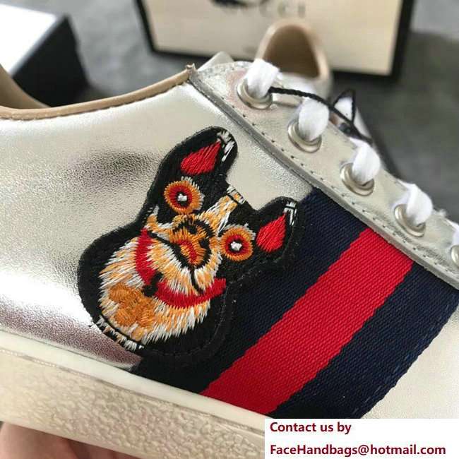 Gucci Ace Leather Low-Top Lovers Sneakers Web Embroidered Boston Terrier Bosco Silver 2018