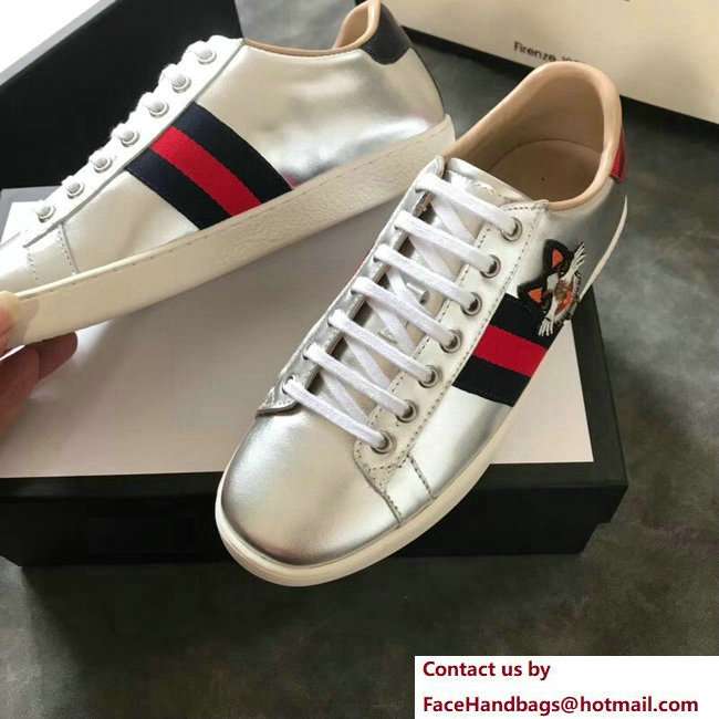 Gucci Ace Leather Low-Top Lovers Sneakers Web Embroidered Boston Terrier Bosco Silver 2018 - Click Image to Close