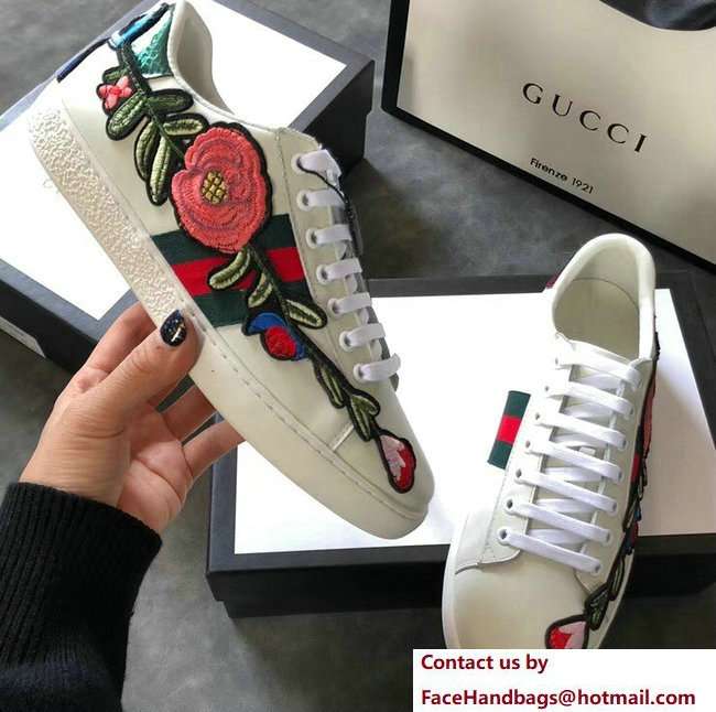 Gucci Ace Leather Low-Top Lovers Sneakers Web Embroidered Floral and Bow Creamy 2018