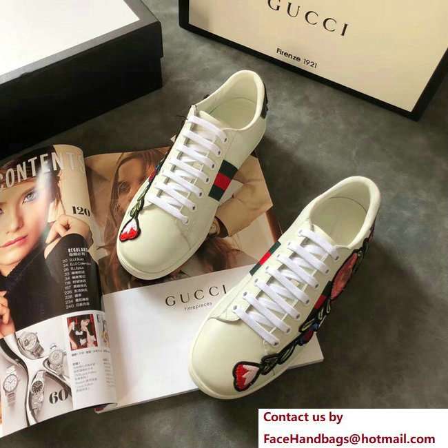 Gucci Ace Leather Low-Top Lovers Sneakers Web Embroidered Floral and Bow Creamy 2018 - Click Image to Close
