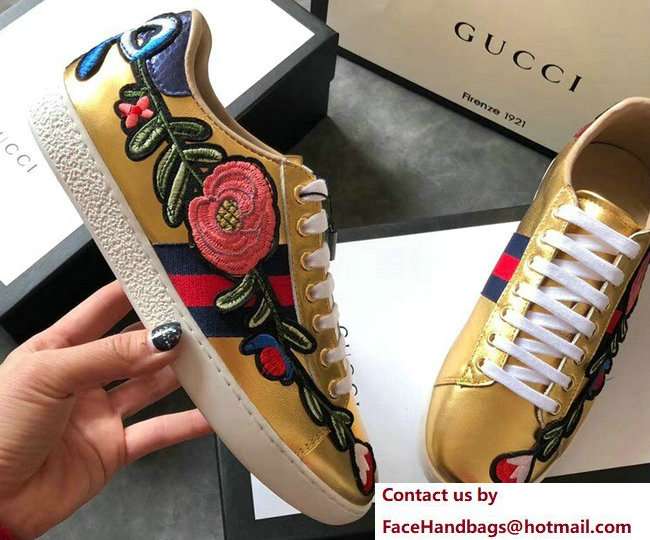 Gucci Ace Leather Low-Top Lovers Sneakers Web Embroidered Floral and Bow Gold 2018