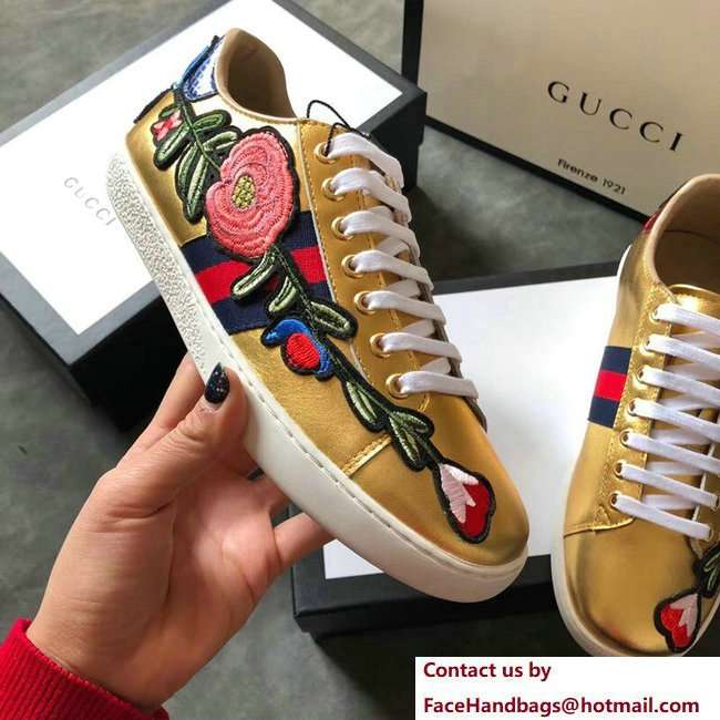 Gucci Ace Leather Low-Top Lovers Sneakers Web Embroidered Floral and Bow Gold 2018 - Click Image to Close