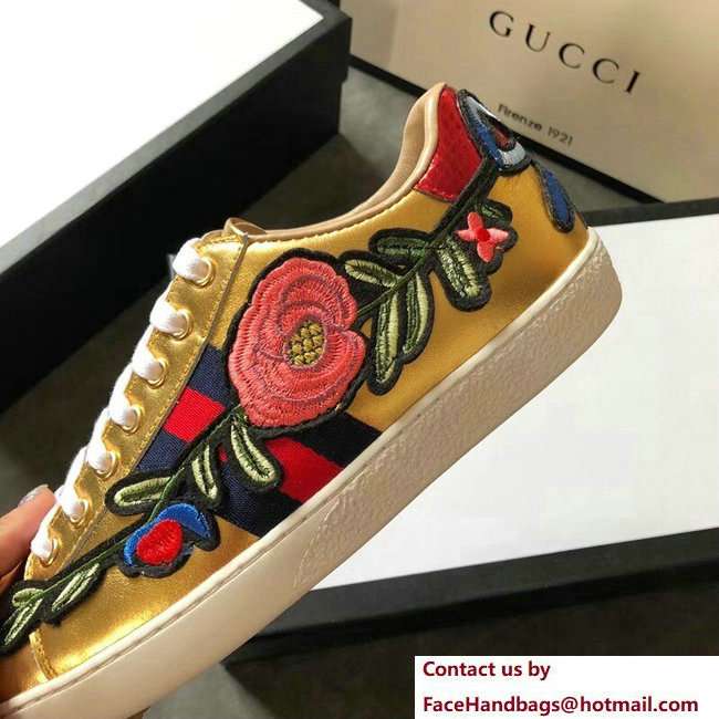Gucci Ace Leather Low-Top Lovers Sneakers Web Embroidered Floral and Bow Gold 2018 - Click Image to Close