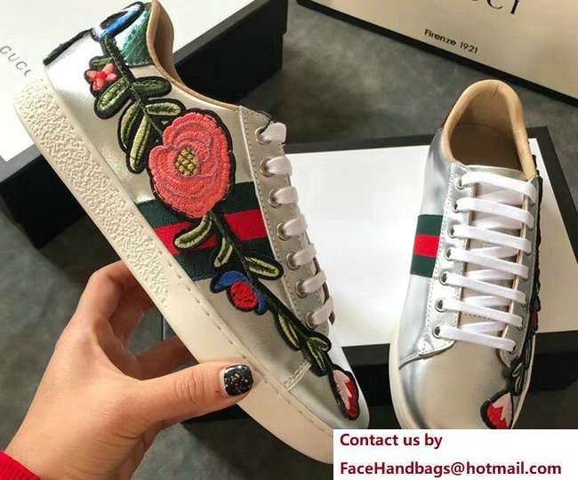 Gucci Ace Leather Low-Top Lovers Sneakers Web Embroidered Floral and Bow Silver 2018 - Click Image to Close
