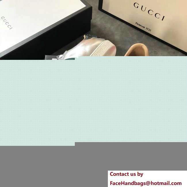 Gucci Ace Leather Low-Top Lovers Sneakers Web Embroidered Floral and Bow Silver 2018
