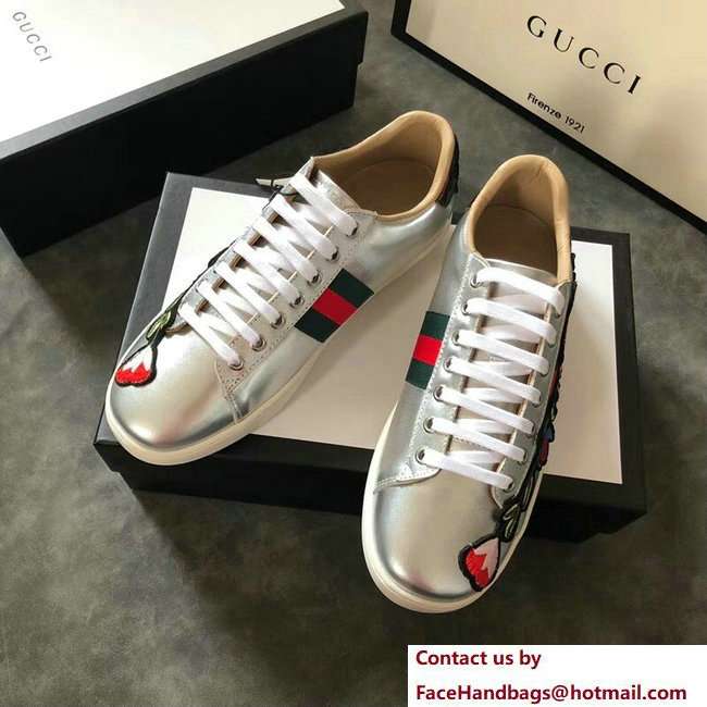 Gucci Ace Leather Low-Top Lovers Sneakers Web Embroidered Floral and Bow Silver 2018