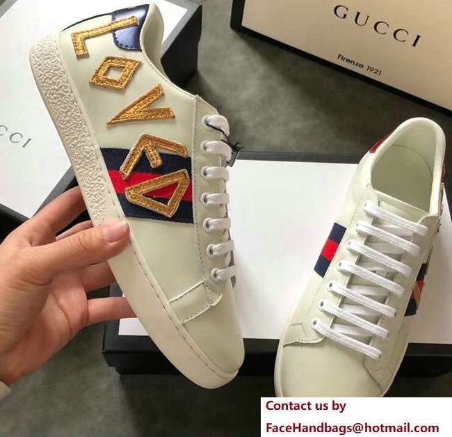 Gucci Ace Leather Low-Top Lovers Sneakers Web Embroidered Loved Creamy 2018