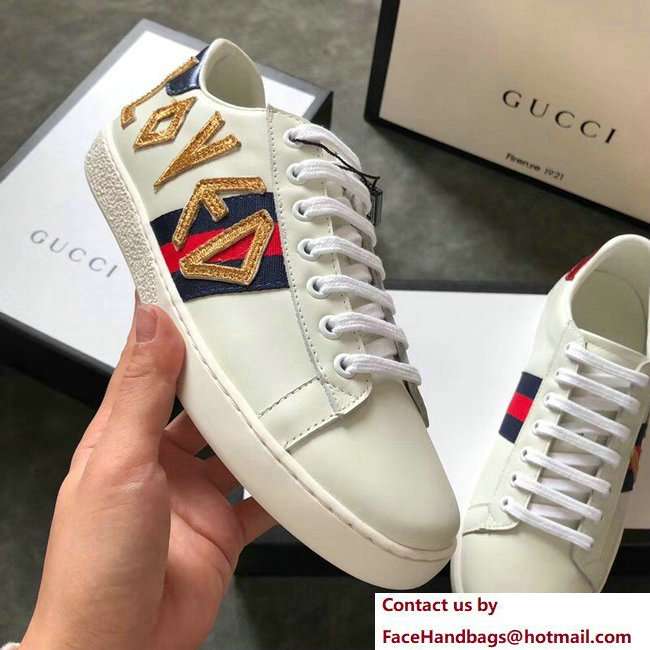 Gucci Ace Leather Low-Top Lovers Sneakers Web Embroidered Loved Creamy 2018