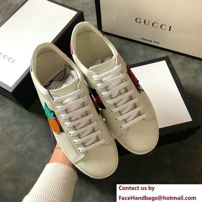 Gucci Ace Leather Low-Top Lovers Sneakers Web Embroidered Pineapple and Ladybug Creamy 2018 - Click Image to Close