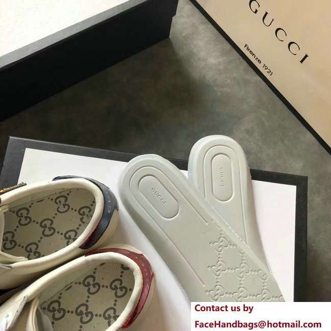 Gucci Ace Leather Low-Top Lovers Sneakers Web Embroidered Snake Creamy 2018