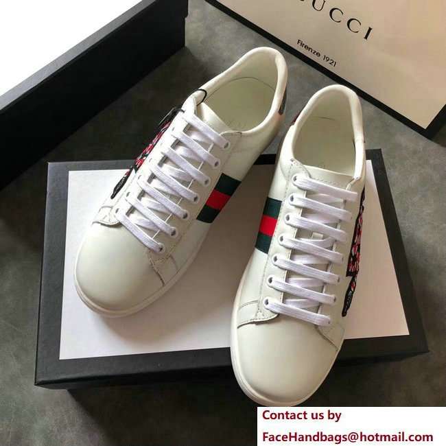 Gucci Ace Leather Low-Top Lovers Sneakers Web Embroidered Snake Creamy 2018