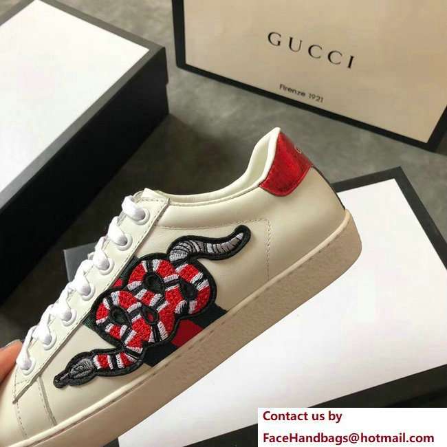 Gucci Ace Leather Low-Top Lovers Sneakers Web Embroidered Snake Creamy 2018 - Click Image to Close