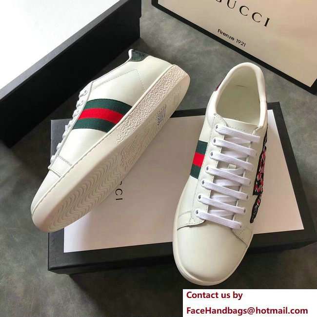 Gucci Ace Leather Low-Top Lovers Sneakers Web Embroidered Snake Creamy 2018 - Click Image to Close