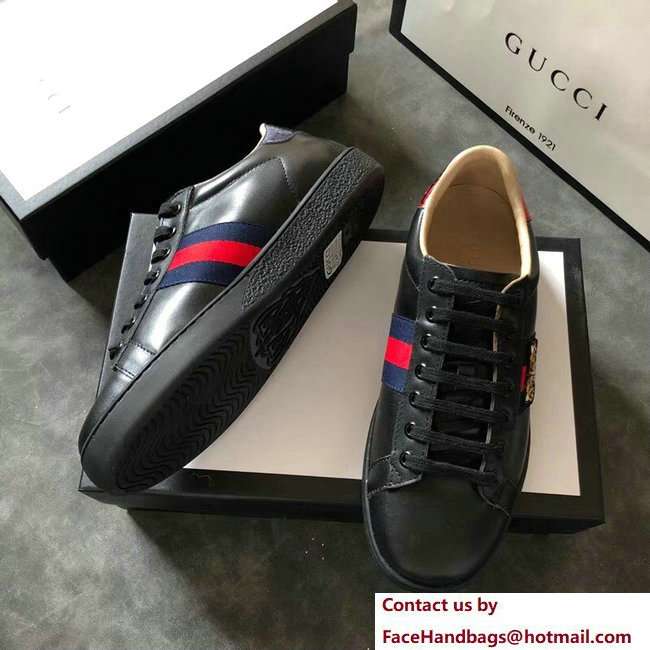 Gucci Ace Leather Low-Top Lovers Sneakers Web Embroidered Tiger Black 2018