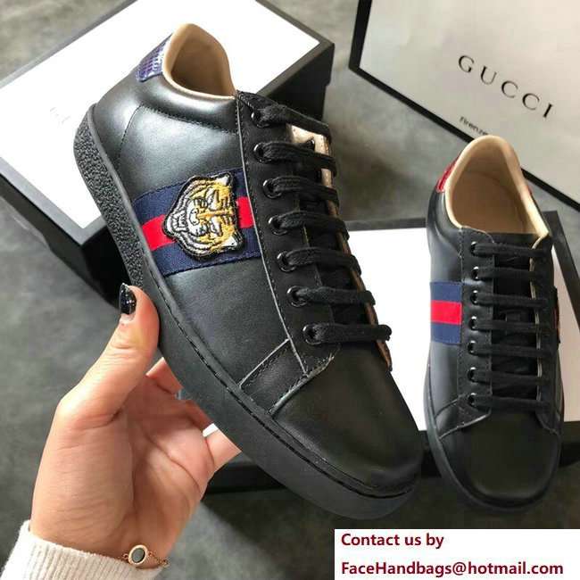 Gucci Ace Leather Low-Top Lovers Sneakers Web Embroidered Tiger Black 2018 - Click Image to Close