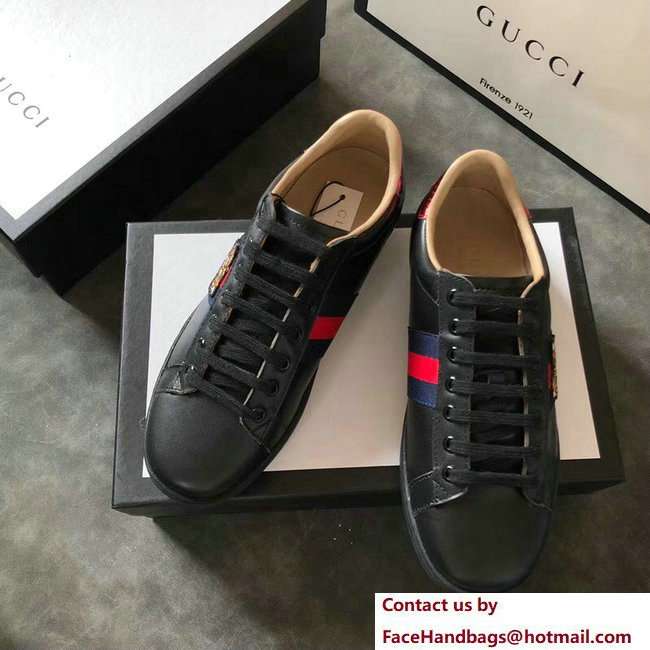 Gucci Ace Leather Low-Top Lovers Sneakers Web Embroidered Tiger Black 2018 - Click Image to Close