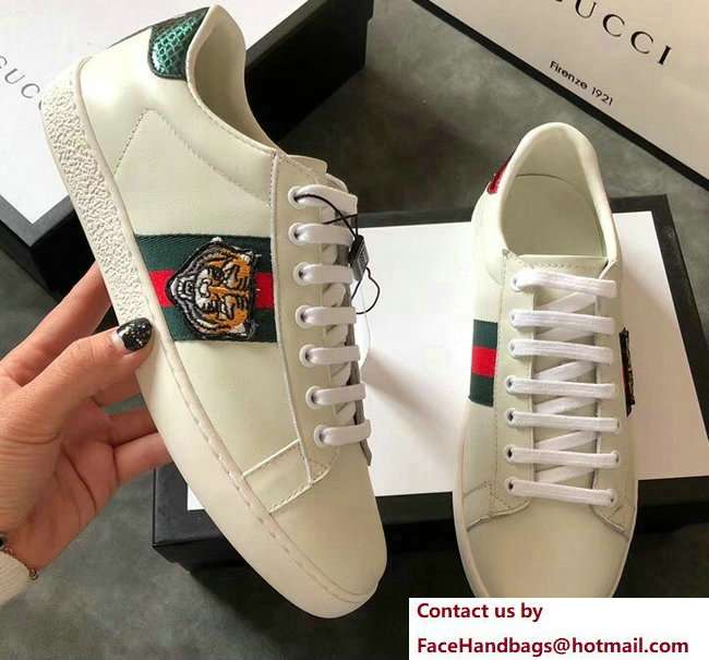 Gucci Ace Leather Low-Top Lovers Sneakers Web Embroidered Tiger Creamy 2018 - Click Image to Close