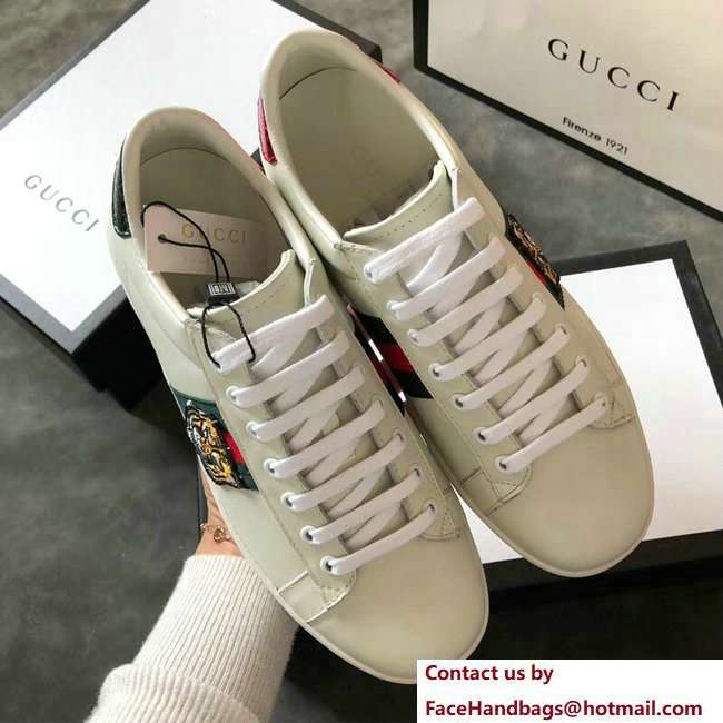 Gucci Ace Leather Low-Top Lovers Sneakers Web Embroidered Tiger Creamy 2018