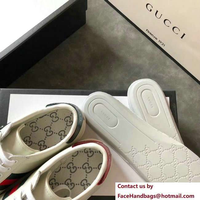 Gucci Ace Leather Low-Top Lovers Sneakers Web Embroidered Tiger Creamy 2018