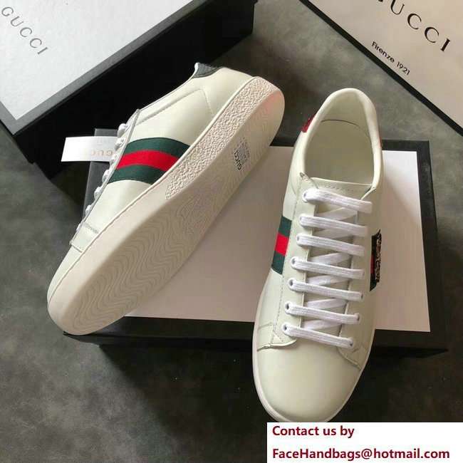 Gucci Ace Leather Low-Top Lovers Sneakers Web Embroidered Tiger Creamy 2018 - Click Image to Close