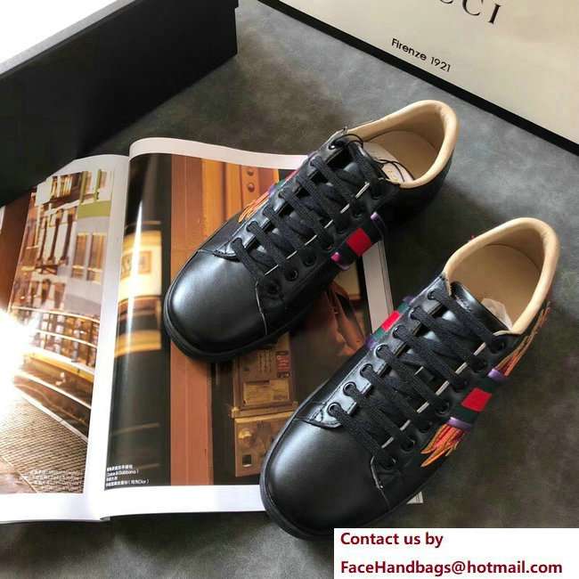 Gucci Ace Leather Low-Top Lovers Sneakers Web Flames Black 2018 - Click Image to Close