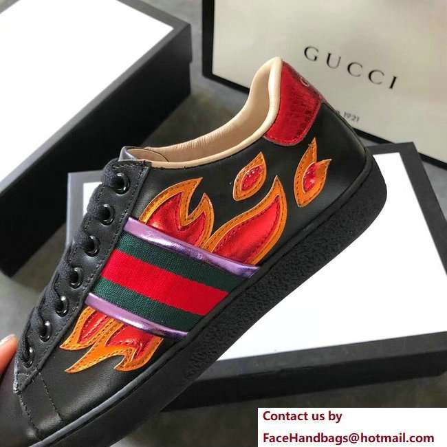 Gucci Ace Leather Low-Top Lovers Sneakers Web Flames Black 2018 - Click Image to Close