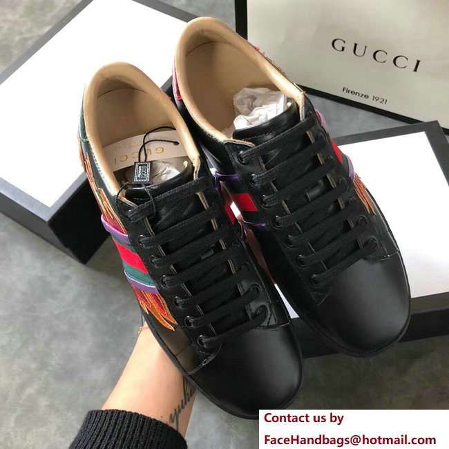 Gucci Ace Leather Low-Top Lovers Sneakers Web Flames Black 2018