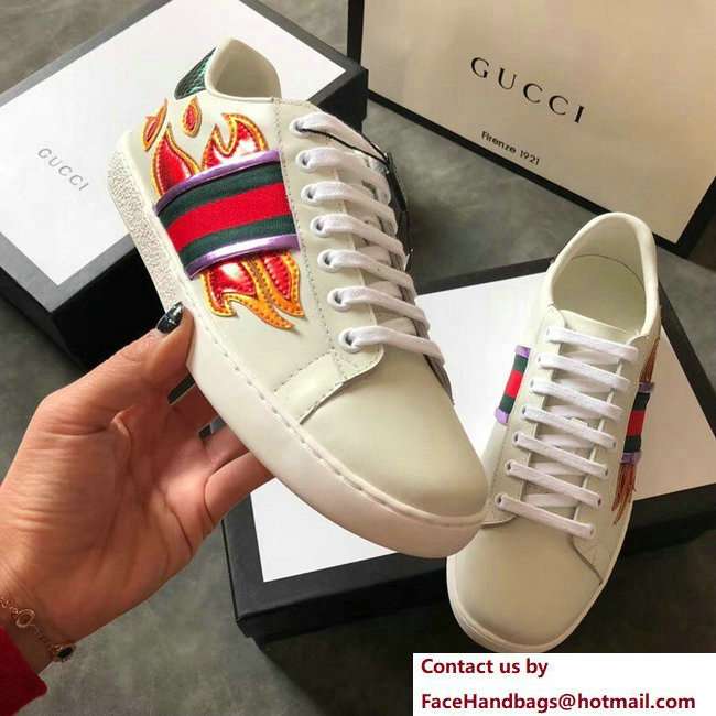 Gucci Ace Leather Low-Top Lovers Sneakers Web Flames Off White 2018 - Click Image to Close
