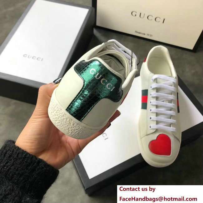 Gucci Ace Leather Low-Top Lovers Sneakers Web Heart Creamy 2018 - Click Image to Close