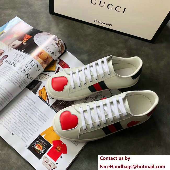Gucci Ace Leather Low-Top Lovers Sneakers Web Heart Creamy 2018