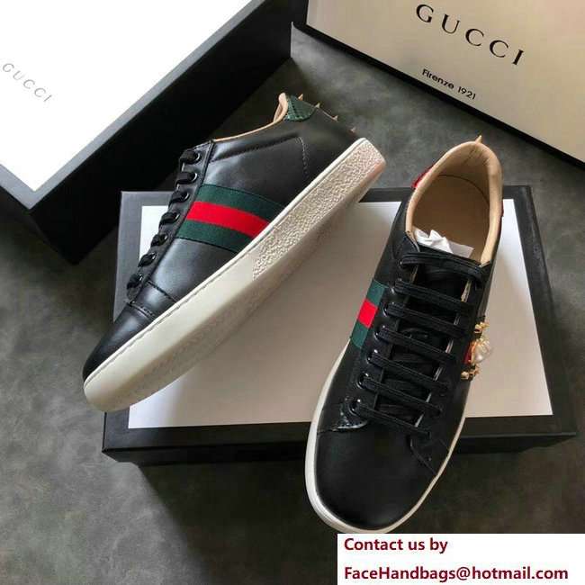Gucci Ace Leather Low-Top Lovers Sneakers Web Pearl Studs Black 2018
