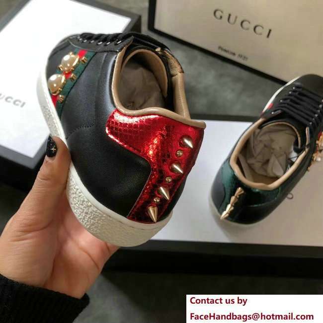 Gucci Ace Leather Low-Top Lovers Sneakers Web Pearl Studs Black 2018 - Click Image to Close