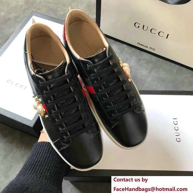 Gucci Ace Leather Low-Top Lovers Sneakers Web Pearl Studs Black 2018