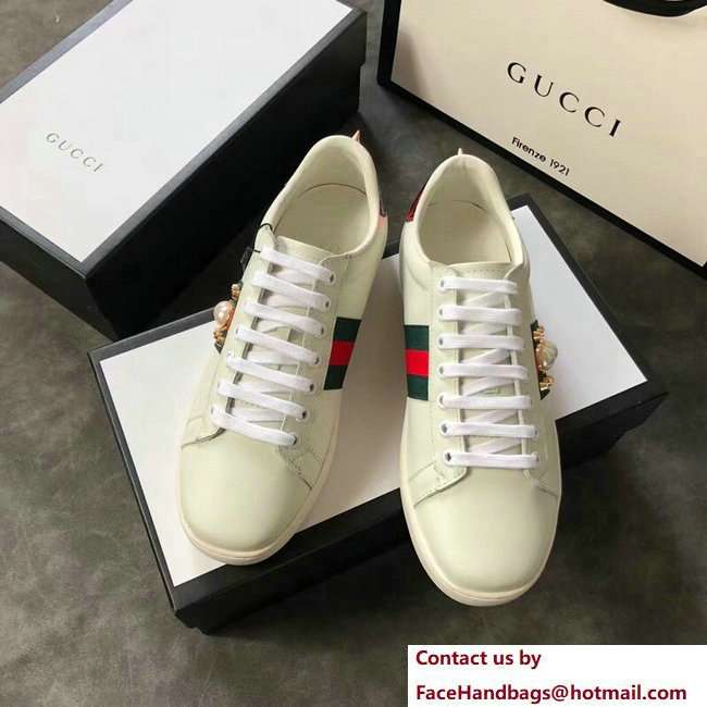 Gucci Ace Leather Low-Top Lovers Sneakers Web Pearl Studs Creamy 2018 - Click Image to Close