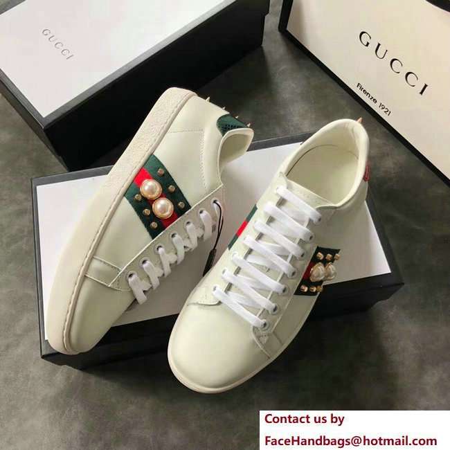 Gucci Ace Leather Low-Top Lovers Sneakers Web Pearl Studs Creamy 2018 - Click Image to Close
