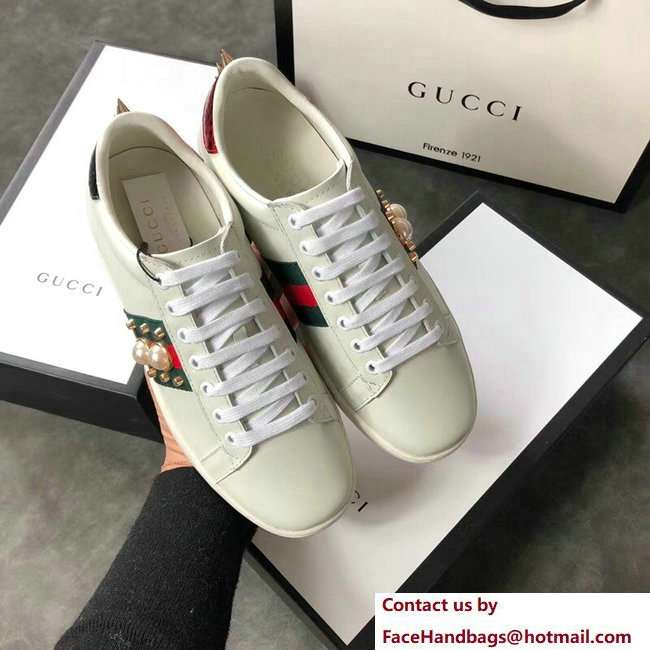 Gucci Ace Leather Low-Top Lovers Sneakers Web Pearl Studs Creamy 2018