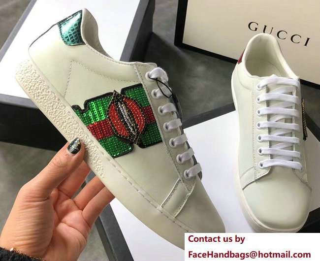 Gucci Ace Leather Low-Top Lovers Sneakers Web Sequin Embroidered Mouth Creamy 2018 - Click Image to Close