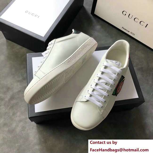 Gucci Ace Leather Low-Top Lovers Sneakers Web Sequin Embroidered Mouth Creamy 2018