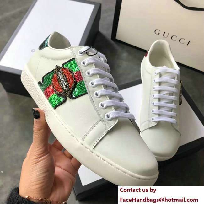 Gucci Ace Leather Low-Top Lovers Sneakers Web Sequin Embroidered Mouth Creamy 2018