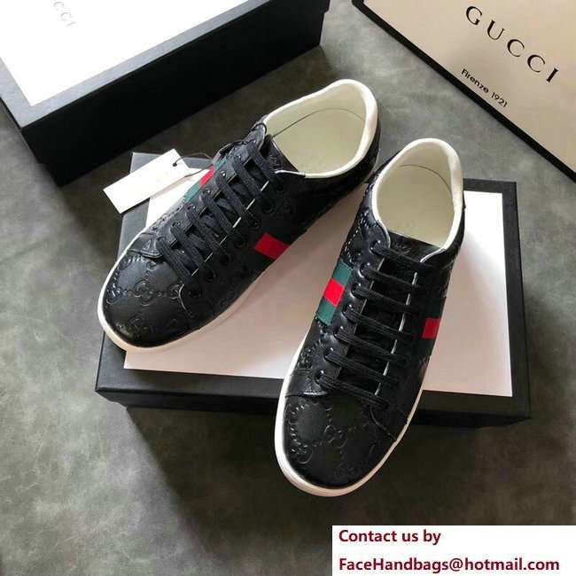 Gucci Ace Leather Low-Top Lovers Sneakers Web Signature Black 2018