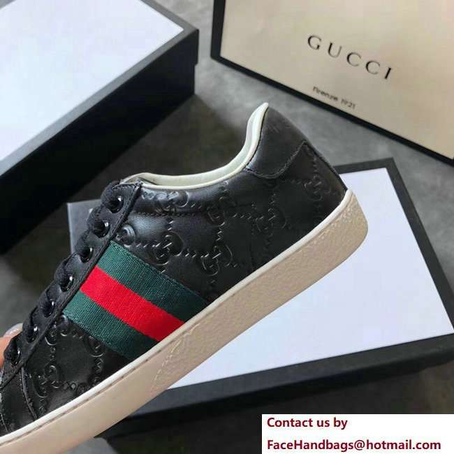 Gucci Ace Leather Low-Top Lovers Sneakers Web Signature Black 2018 - Click Image to Close