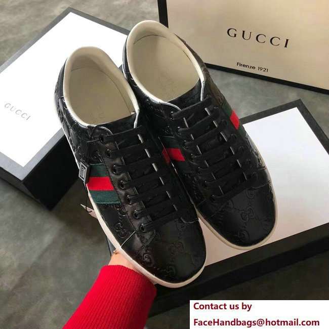 Gucci Ace Leather Low-Top Lovers Sneakers Web Signature Black 2018 - Click Image to Close