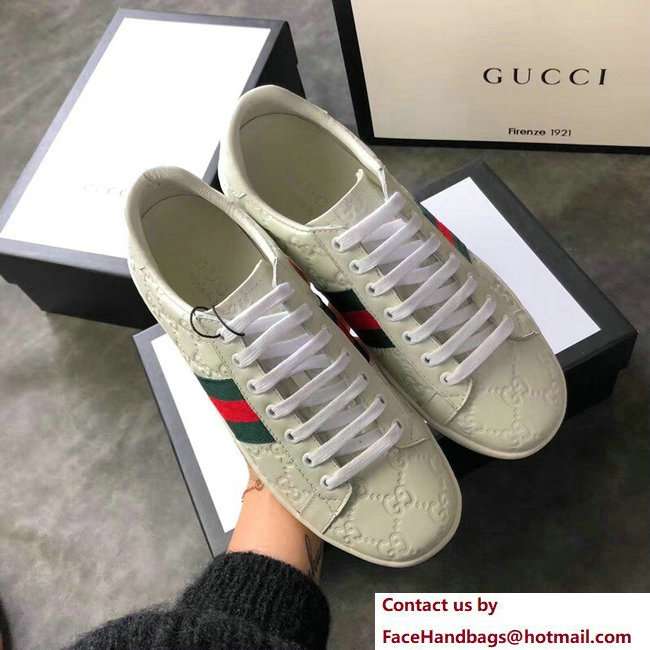 Gucci Ace Leather Low-Top Lovers Sneakers Web Signature Creamy 2018 - Click Image to Close